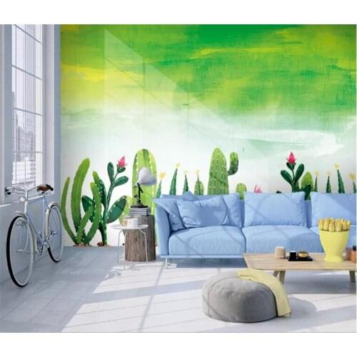 Custom wallpaper simple hand-painted watercolor garden cactus living room TV background wall painting photo 3d wallpaper