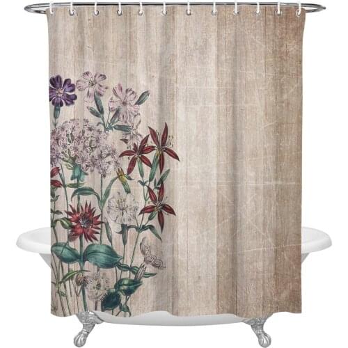 Retro Flower Wood Grain Shower Curtain Home Bath Decorative Waterproof Polyester Fabric Bathroom Curtain