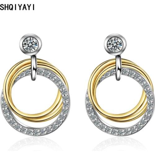 SHQIYAYI 925 Sterling Silver Cubic Zircon Round Circle Drop Earrings for Women Wedding Jewelry Party Gift 813