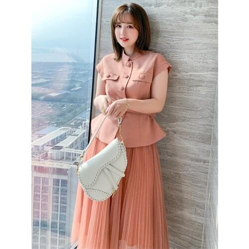High quality Lotus leaf top+High waist mesh pleated skirt suit for women 2021 summer new