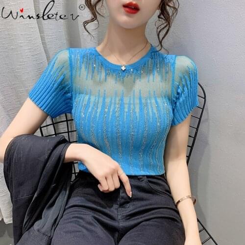 Summer Korean Style Knit T-shirt Sexy Diamonds Transparent Women Tops Short Sleeve Bottoming Shirt Elastic Tees Hot New T13002A