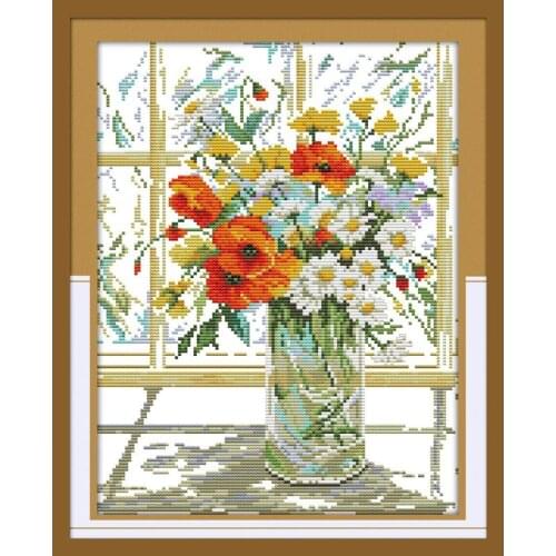 Flower vase on windowsill joy sunday Cross stitch kits pre-set printing canvas for embroidery thread cross needlework diy dmc