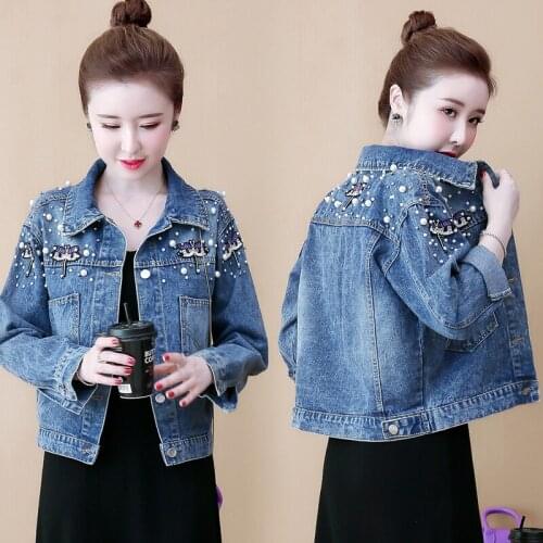 Womens Plus Size Denim Short Jacket Embroidered Beaded Long Sleeve Women Top Autumn 2020 Solid Color Lapel Ladies Top