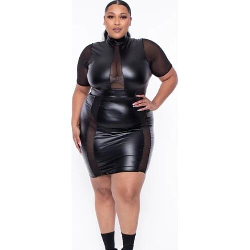 Plus Size Women Clothing Summer Dress Pu Leather Mesh Black Mini Dresses Sexy Party Bodycon Clubwear Dress 2021 Vestidos 5XL 4XL