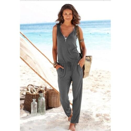 V-Neck Sleeveless Mid Waist Casual Loose Jumpsuits Women Summer Solid Color Long Trousers Drawstring Design Zipper Pockets Decor