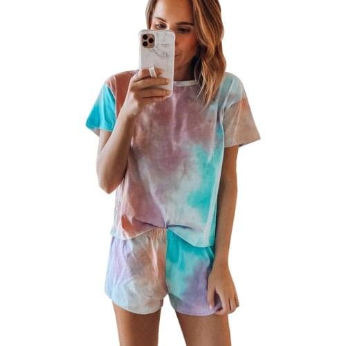 Plus Size Tie Dye Print Two Piece Set Women Casual O Neck Short Sleeve Tops Elastic Waist Loose Shorts Ladies Home pajamas Suits