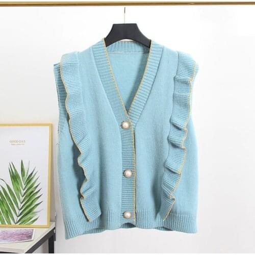 Casual V-Neck Ruffles Patchwork Knitted Vest Women Fashion Sleeveless Sweater Cardigan Korean Style Loose Waistcoat Female