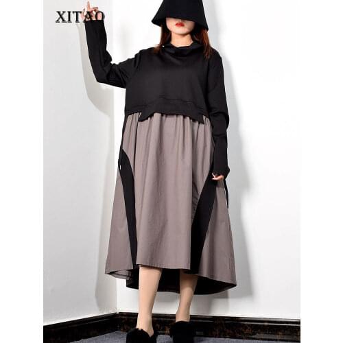 XITAO Patchwork Draped Casual Pullover Dress Women 2020 Spring Tide Fashion Style Turtleneck Collar Loose Long Sleeve GCC3284