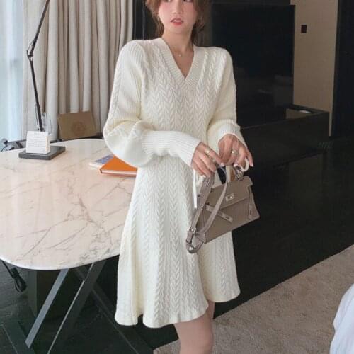High Quality Autumn Winter Korean Fashion Casual Mini Dress Women Long Sleeve Soft Knitted Sweater Dress Robe Femme Vestidos