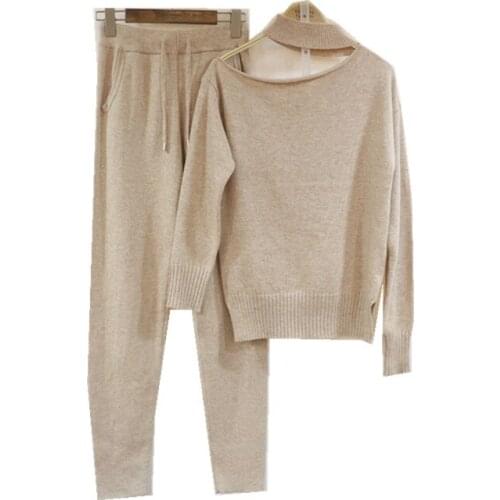 Winter Woolen and Cashmere Knitted warm Suit hollow Cut Collar Velvet Sweater + Mink Cashmere Trousers Leisure Two-piece wj1343