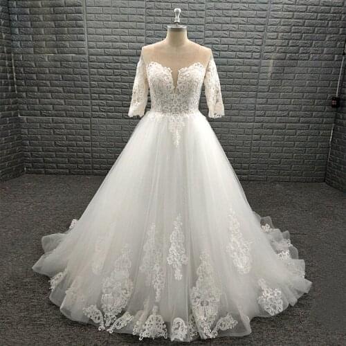 2020 Sheer Neckline Half Sleeve Bridal Ball Gown Wedding Dress with Beaded Appliques