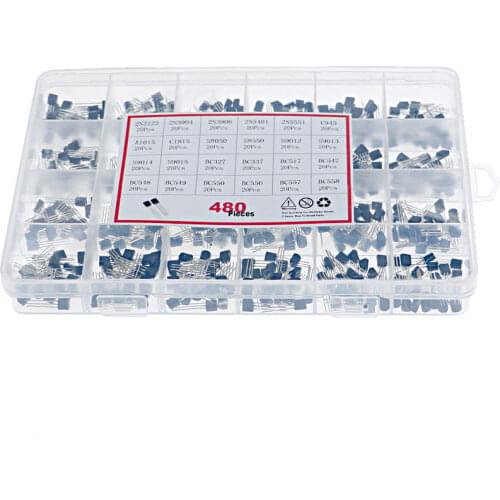 480Pcs 24 Types Silicon In-line NPN / PNP Transistor Assortment Kit Pack 2N2222 Components & Supplies Active Components
