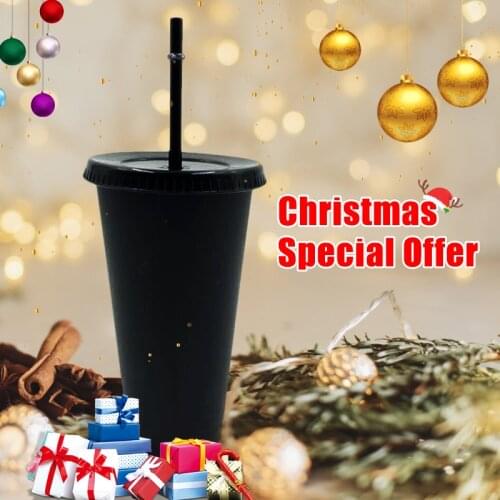 5Pcs/set 700ml Straw Cup With Lid Reusable Black Cup Plastic Tumbler Cold Coffee Mug Christmas Party Holiday Party Gift Hot Sale