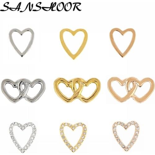 SANSHOOR Interlocking Heart Pave Charms Keeper Slide Charms Fit Leather Wrap Bracelet Key Chains Necklace As Women Gifts 9pcs