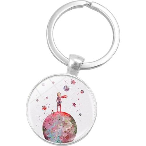 Anime Keychain Jewelry with Silver Plated Glass Cabochon Little Prince Shaped Car Accessories Keychain Ring for Unisex