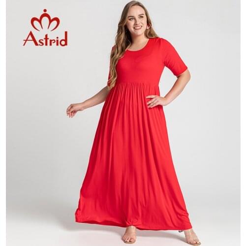 Astrid Womens Summer Dress Women 2021 Elegant Casual Sexy O-neck Prom party Red Simple Dresses plus size Long Robe for Female