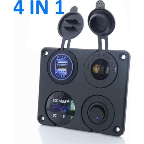 4 In 1 Car Charger Panel Dual USB Power Socket 4.2A Voltmeter Cigarette Lighter ON OFF Rocker Switch for Boat Marine RV Truck