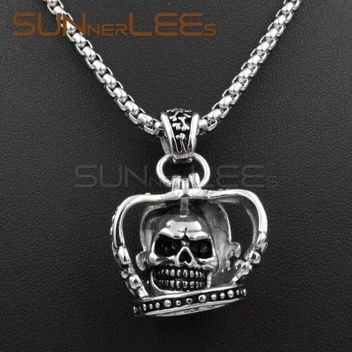 SUNNERLEES NEW Fashion Jewelry Stainless Steel Punk Pumpkin Skull Pendant Necklace Link Chain For Mens Womens SP04