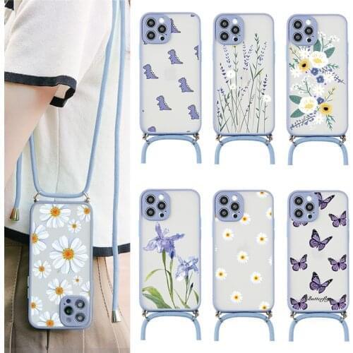 Crossbody Necklace Strap Lanyard Cord Phone Case For iPhone 12 Mini 11 Pro Max 7 8 Plus X XR XS Max SE 2020 Flower Hard PC Cover