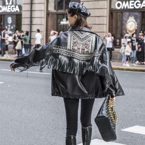 Black Embroidery Rivet Tassel Faux Leather Jacket Plus Size Women Outwear Motorcycle Biker Jacket Ladies PU Coat Cool Streetwear