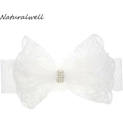 Naturalwell Baby Bandage Bow Hairband For Christening Flower Girl White Hair Band Newborns Lace Headband With Pearls HB204S