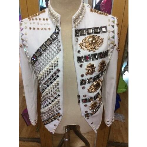 Customized Handmade Male Fashion Rhinestone Beading Slim Jacket Costumes Nightclub Mens stage Outerwear Male Singer Outfit