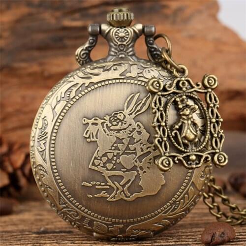 Mr. Rabbit Alice In Wonderland Theme Quartz Pocket Watch Exquisite Bronze Pendant Necklace Watches Roman Numerals Display Clock