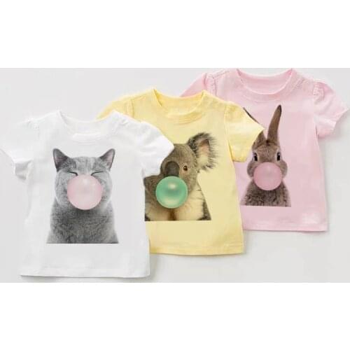 Summer Girl Rabbit Cat, Dogs,animal Funny Bubble Blowing Print Kids Tshirts Unisex Pink, Yellow Short Sleeve Children Tops