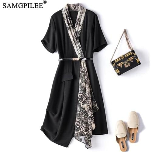 Summer Women Dresses 2021 New Retro V-neck Bevel Lace Design Slim-fit Belted Short-sleeved Knee-length Dress Plus Size 4XL