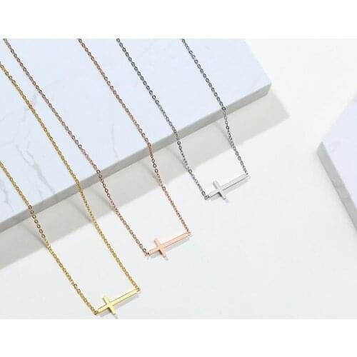 Stainless Steel Minimalist Horizontal Gold Cross Pendant Necklace Women Delicate Jewelry Gift For Him with Chain