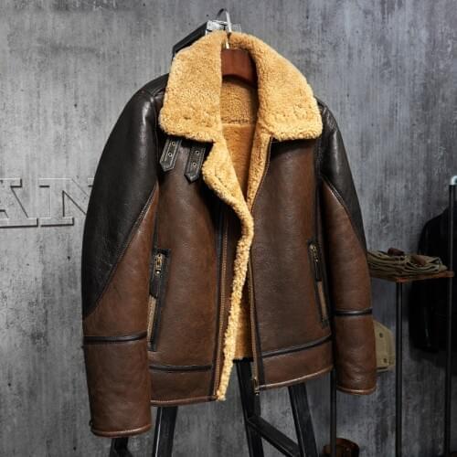 Mens Shearling Leather Jacket Light Brown B3 Jacket Mens Fur Coat Aviation Leathercraft Pilots Coat Original Flying Jacket