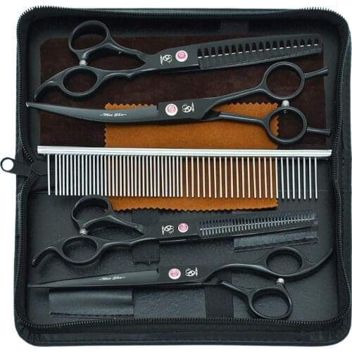 7.0" Steel 440C Pet Grooming Scissors Kits with Comb Forceps Dog Hair Cutting Shears Animal Thinning Tijeras Curved Shear B0034A