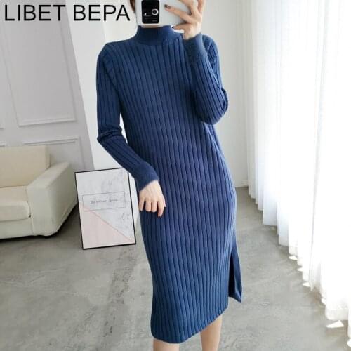 New 2021 Autumn Winter Women Dresses Turtleneck Straight Long Sweater Dress Elegant Solid Casual Slim Office DR6106