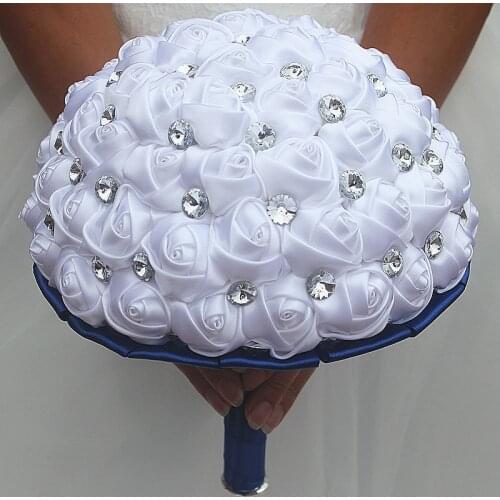 New Handmade Diameter 18cm Wedding Bouquets Clear Crystal Accessories Ribbon Satin Rose Wedding Flower Bridal Bridesmaid Bouquet
