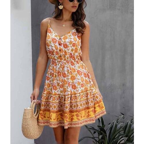 Sling Dress Buttons Cotton Mini Sundress Printing Sexy Short Backless Slip Elastic Waist 2021 Summer Sleeveless Dresses Women