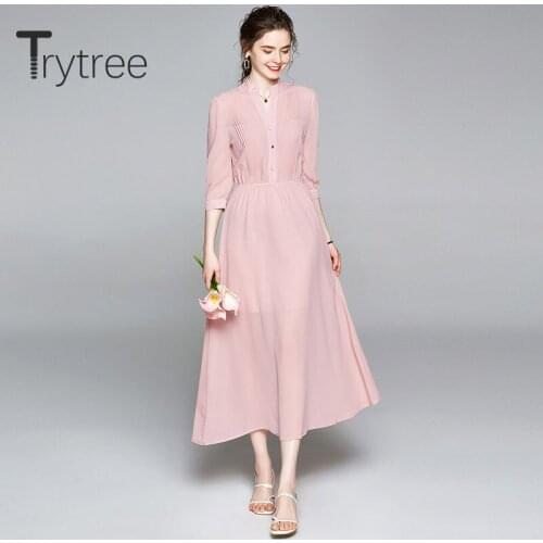 Trytree 2020 Summer Women Casual Dress V-neck Pink Elastic Waist A-line Fashion Elegant Temperament Chiffon Mid-Calf Dress