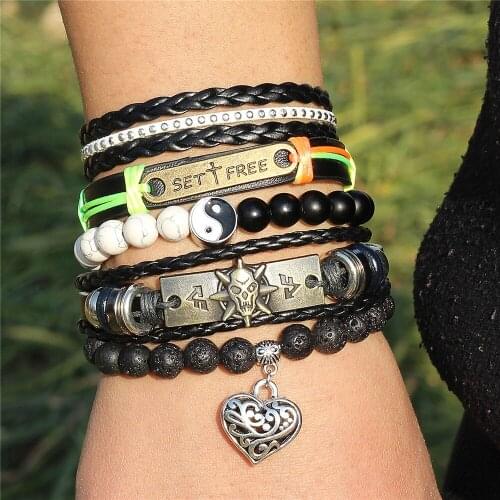 DGW Mix 5Pcs/ Set Braided Wrap Leather Bracelets for Men Women Vintage Natural Beads Ethnic Wristbands Heart charm Bracelet gift