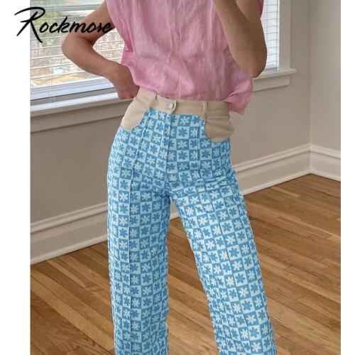 Rockmore Plaid Print High Waist WomenS Jeans 90s Streetwear Baggy Trousers Wide Leg Pants Y2K Mom Boyfriend Denim Pants Capris
