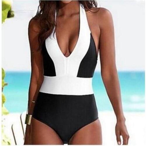 Beach Resort one piece bikini swimsuit sexy deep V black and white