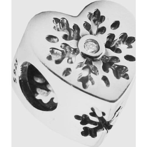 Snowflake Heart Charm Beads for Snake Chain Charms Bracelets Clear CZ Crystal Stone 925 Sterling Silver Beads for Jewelry Making