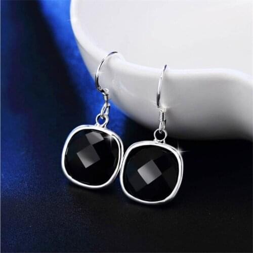 TJP New Fashion 925 Sterling Silver Earrings For Women Party Jewelry Trendy Black Crystal Female Drop Earrings Accessrories Lady