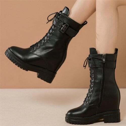 Lace Up Creepers Women Cow Leather Hidden Wedges High Heel Ankle Boots Female High Top Round Toe Punk Pumps Shoes Casual Shoes