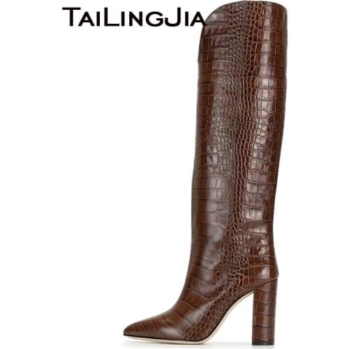 Knee High Boots Women 2020 Brown Crocodile Block Chunky High Heel Pointed Toe Long Boot Ladies Winter Slip on Shoes Large Size