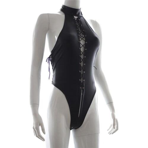 Women Wetlook Faux Leather One-piece Bandage Sleeveless Backless Leotard Bodysuit Sexy Back Romper Jumpsuit