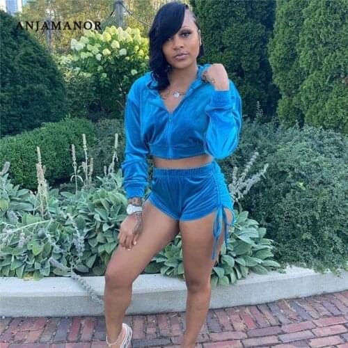 ANJAMANOR Pink Velvet Sexy Sporty 2 Piece Sets Womens Outfits Casual Tracksuit Long Sleeve Hoodies Crop Tops and Shorts D13-DC43