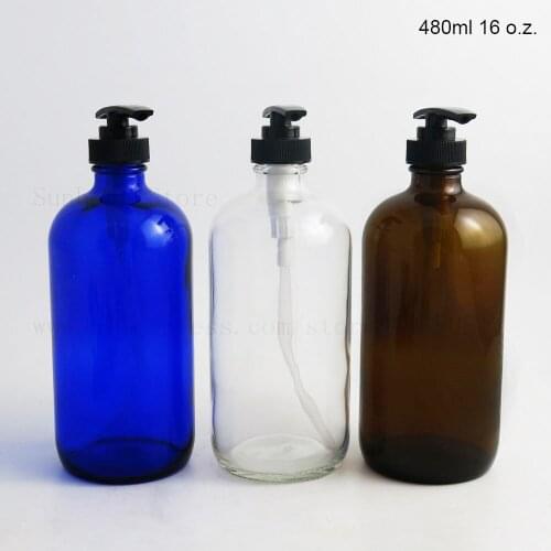 480ml Large 16 oz Blue Clear Amber Refillable Glass Packing Container Wash Shampoo Boston Glass Bottle with Black Lotion Pump