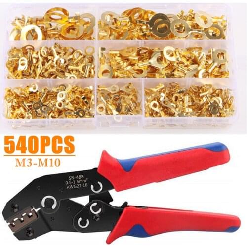 540pcs M3-M12 Electrical Wire Crimp Terminals Connerctors Non-Insulated Ring Lugs Cable Connector Crimper Plier Tools Set