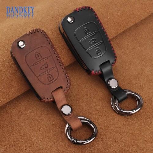 Dandkey Car Leather Key Cover Case 3 Button For Hyundai i20 i30 i35 iX20 iX35 Solaris Verna For Kia Rio K2 K5 Sportage Sorento