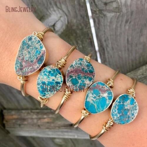 BM11265 Teal Jaspers Bracelet Gemstones Cuff Turquoises Ocean Jaspers Cuff Brass Cuff Bangle