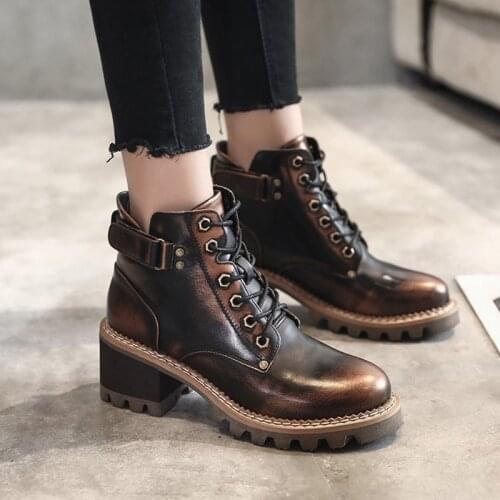 Brand Rub color women botas quality platfrom british cowboy lace-up plush ankle botines 2020 winter retro bottes chunky heels